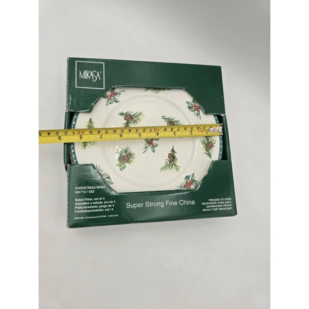 (4) Mikasa Christmas Wish salad Plates HK713 Super Strong Fine China holly‎ pine